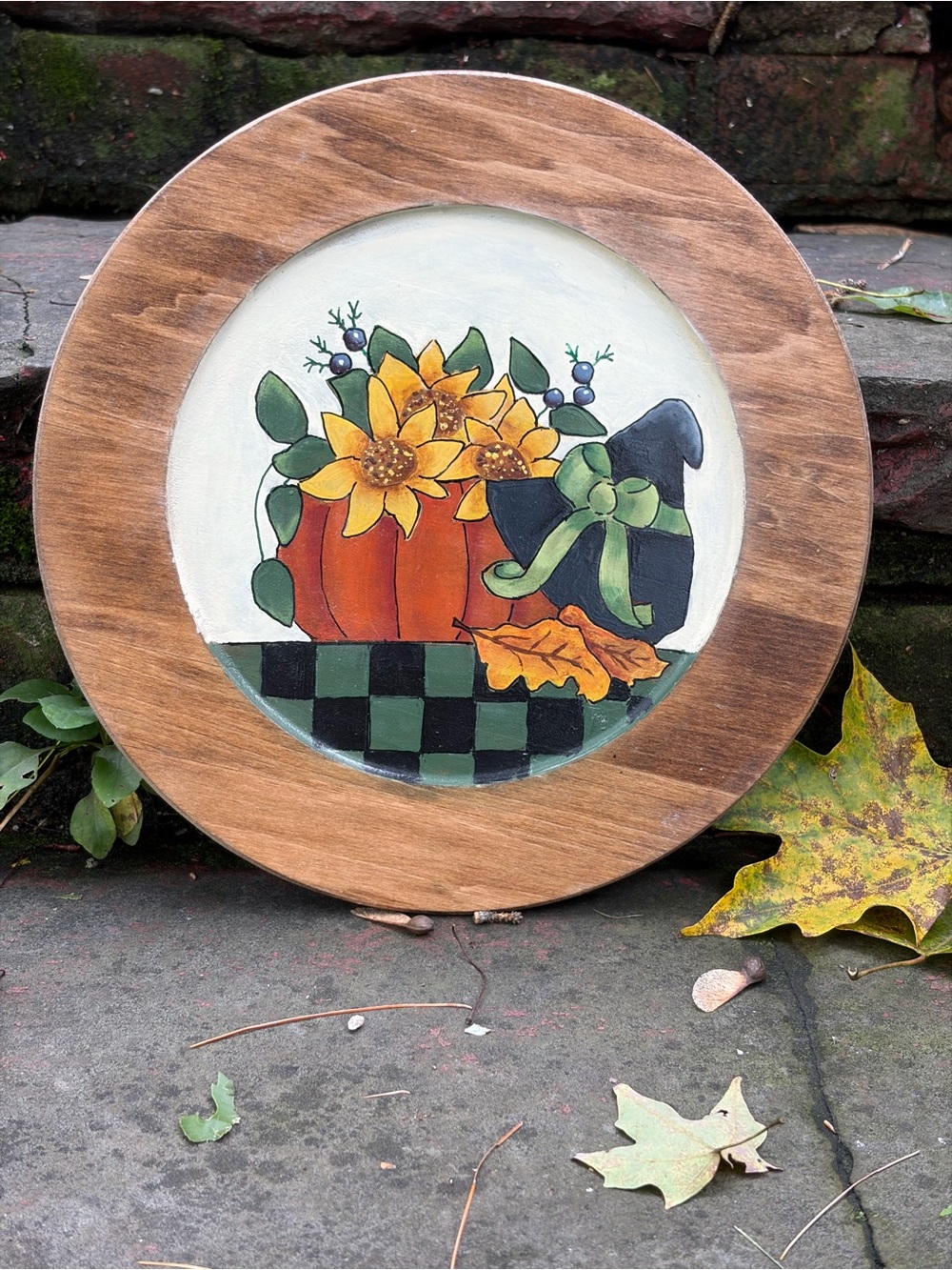 HandPainted Wooden Plate 8.5" Fall Autumn Halloween Pumpkin Sunflowers Witch Hat